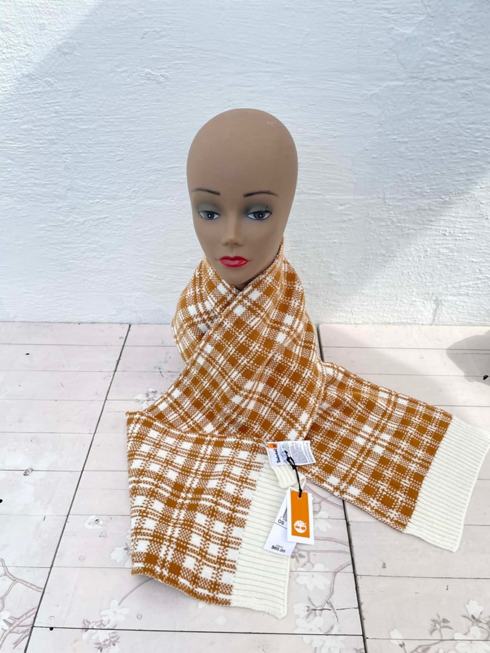 Timberland Mustard and Cream Plaid Knit Scarf